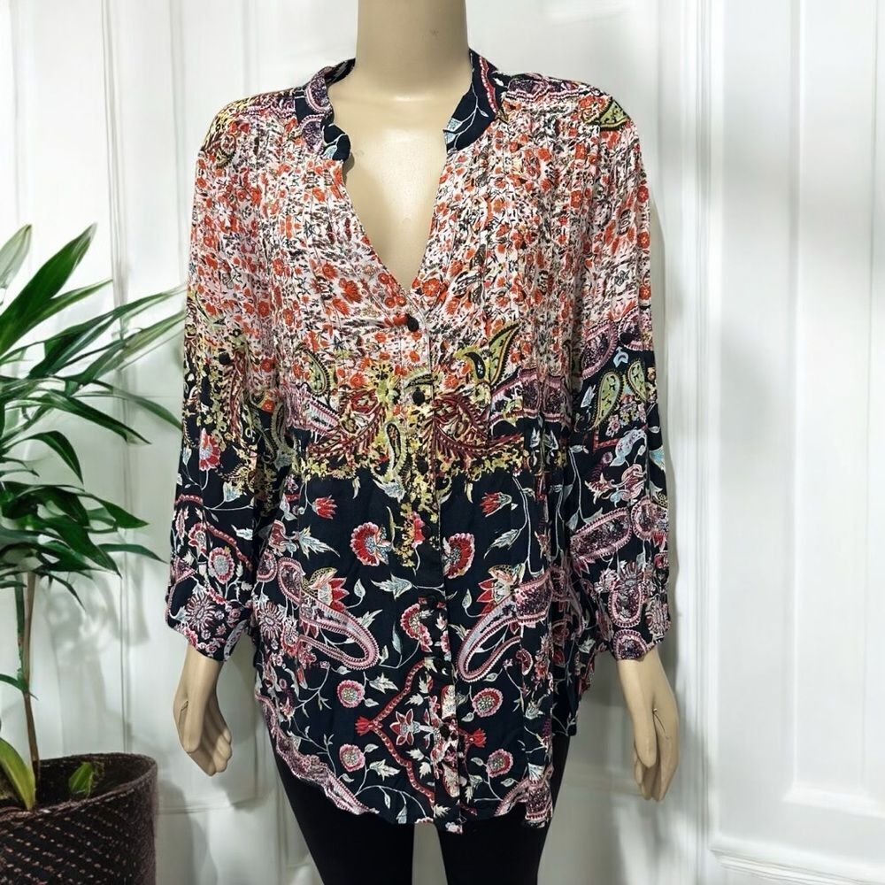 Phool Womens‎ Floral Paisley Print  Pleated Top Size 2X Boho Patchwork Y Neck